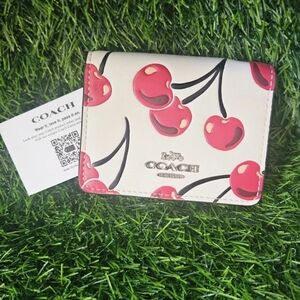 NWT Coach Mini Wallet On A Chain With Cherry Print Silver/ Chalk Multi CZ759